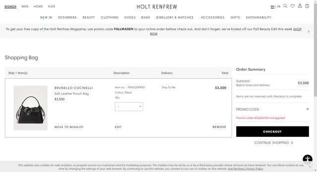 Holt Renfrew checkout page showing Holt Renfrew promo code box | Screenshot taken by SimplyCodes community member on Sep 13, 2024