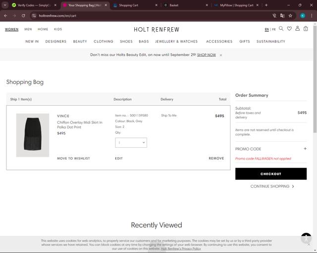 Holt Renfrew checkout page showing Holt Renfrew promo code box | Screenshot taken by SimplyCodes community member on Sep 26, 2024