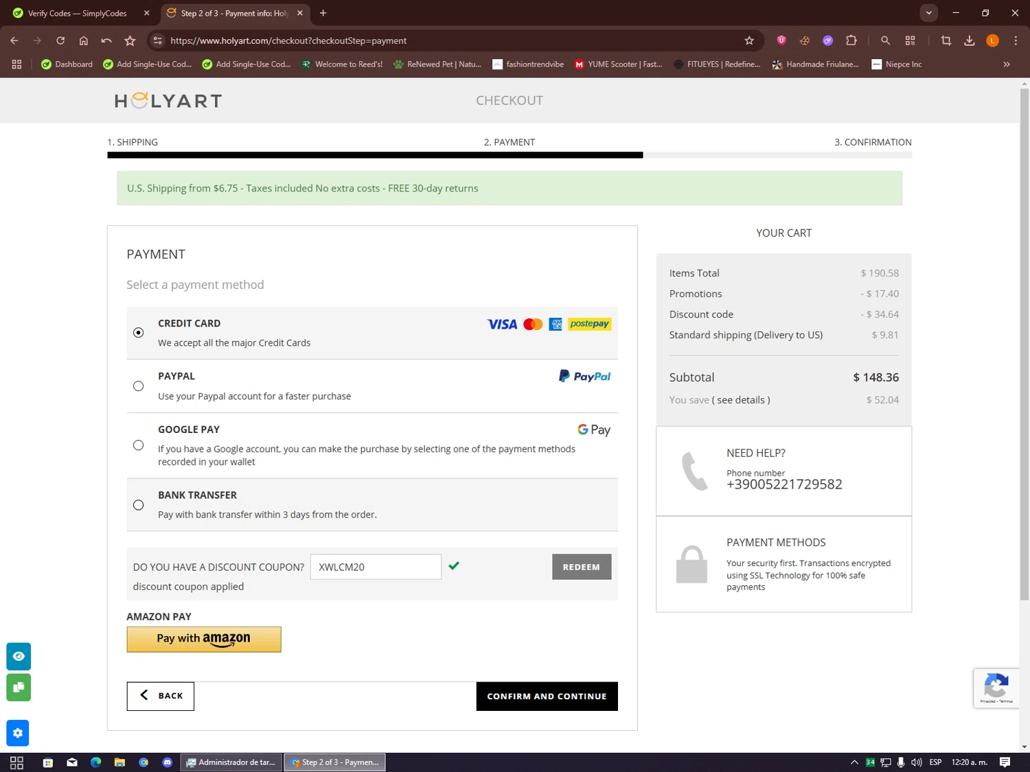 Holy Art discount code screenshot showing code XWLCM20 applied at Holy Art checkout page. Uploaded by SimplyCodes community member Alalee on Oct 19, 2025