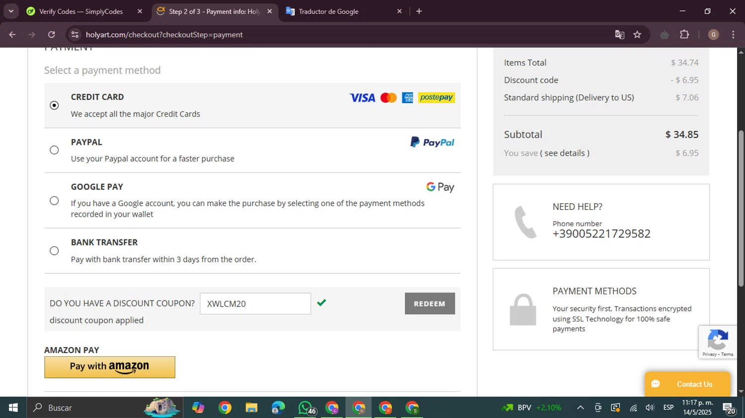 Holy Art discount code screenshot showing code XWLCM20 applied at Holy Art checkout page. Uploaded by SimplyCodes community member BrilliantTracker4207 on May 15, 2025