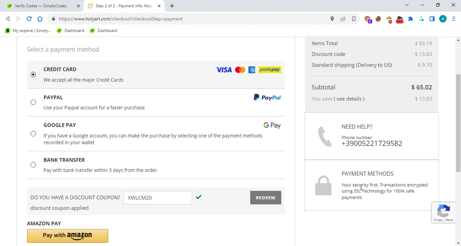 Holy Art discount code screenshot showing code XWLCM20 applied at Holy Art checkout page. Uploaded by SimplyCodes community member ShrewdGuardian2547 on Oct 15, 2025