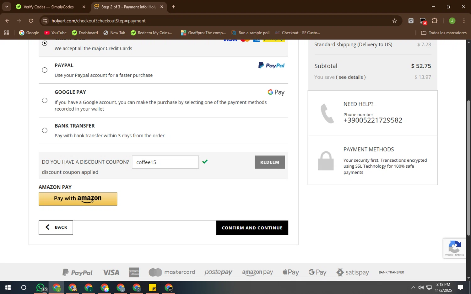 Holy Art discount code screenshot showing code coffee15 applied at Holy Art checkout page. Uploaded by SimplyCodes community member QueTeImporta on Nov 2, 2025