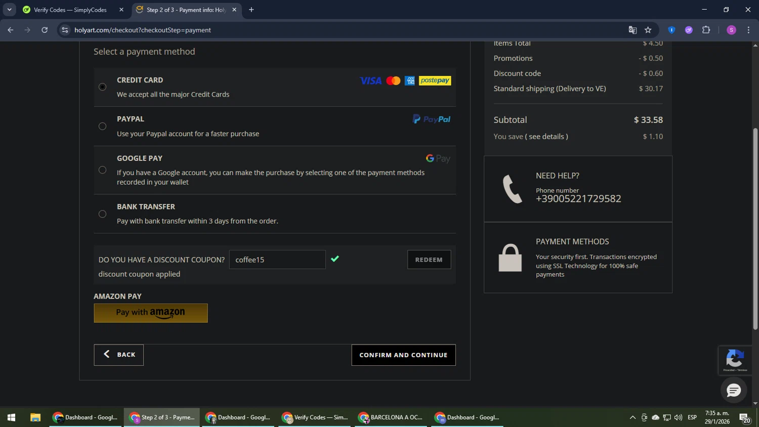 Holy Art discount code screenshot showing code coffee15 applied at Holy Art checkout page. Uploaded by SimplyCodes community member Son_Goku on Jan 29, 2026