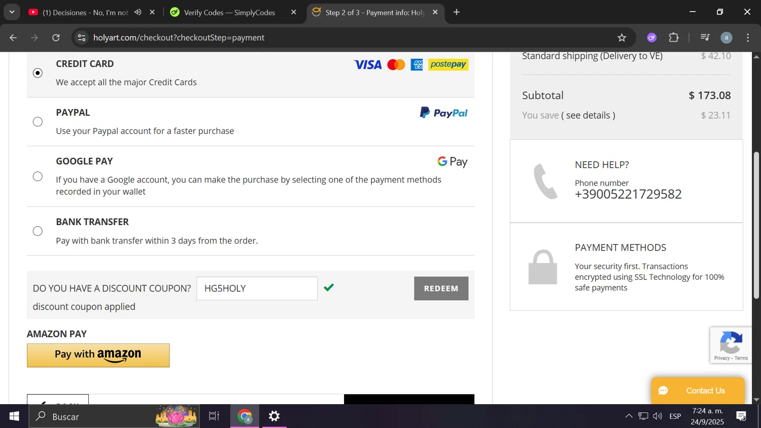 Holy Art discount code screenshot showing code HG5HOLY applied at Holy Art checkout page. Uploaded by SimplyCodes community member Frizk_1 on Sep 24, 2025