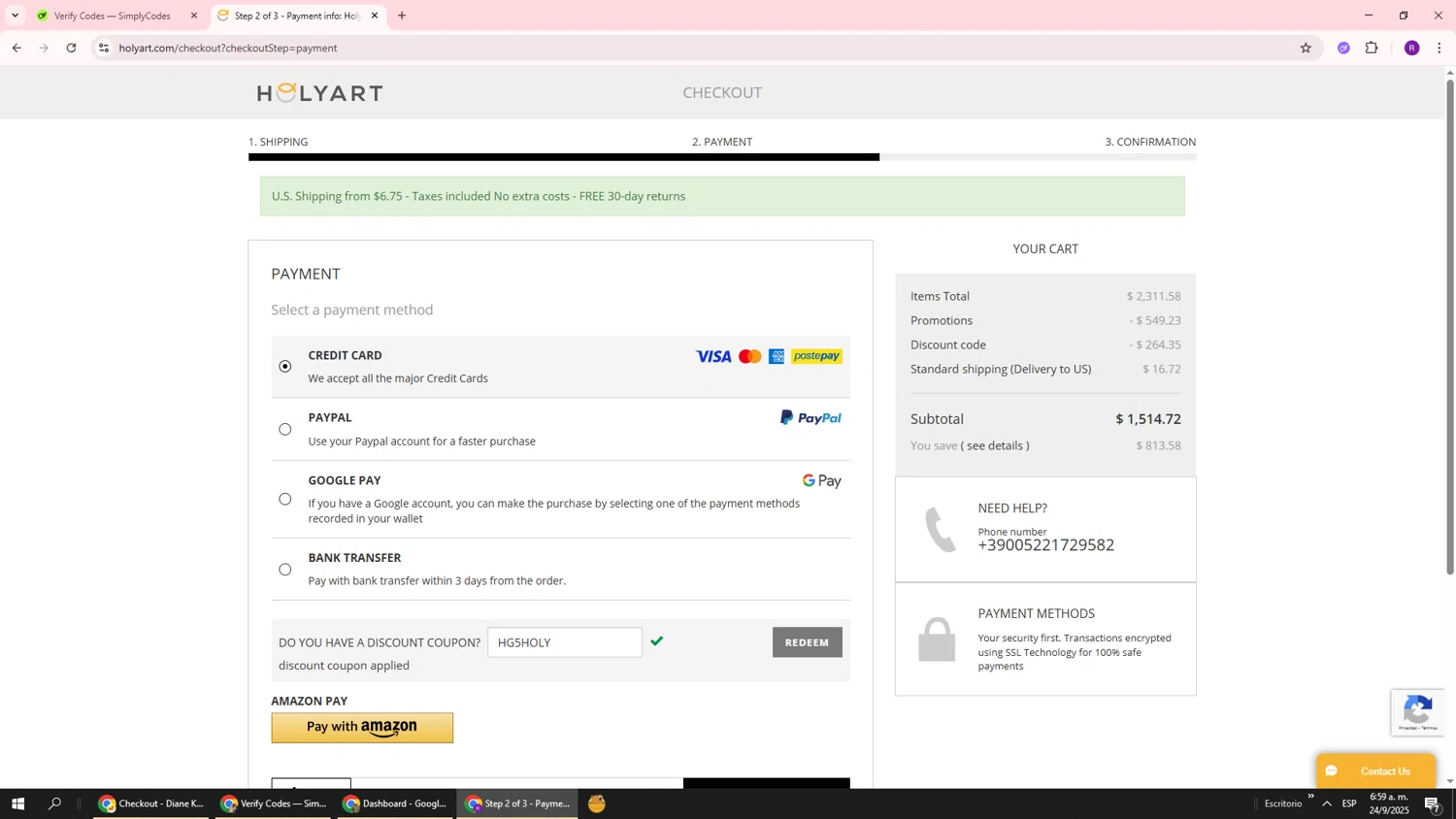 Holy Art discount code screenshot showing code HG5HOLY applied at Holy Art checkout page. Uploaded by SimplyCodes community member ukemochi on Sep 24, 2025