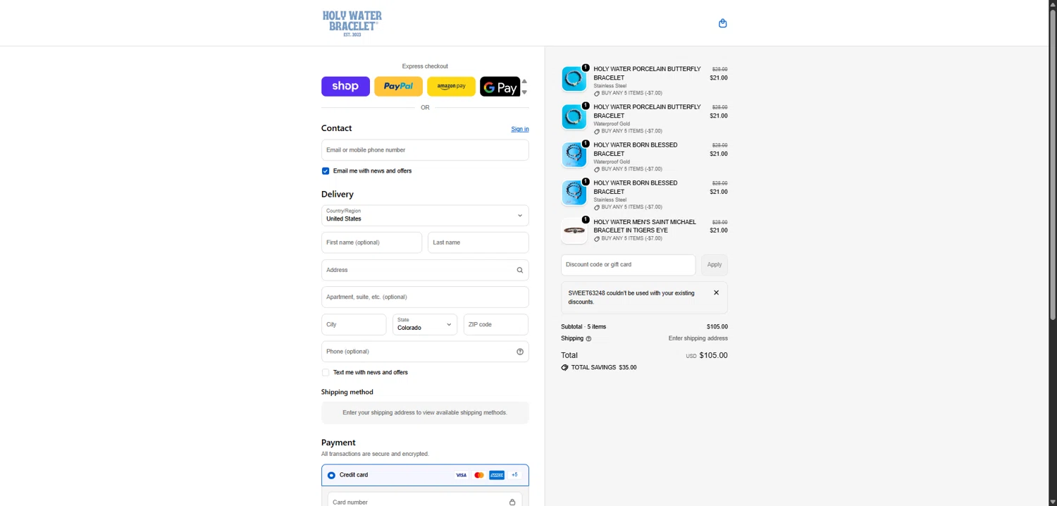 Holy Water Bracelet coupon code screenshot showing code SWEET63248 applied at Holy Water Bracelet checkout page. Uploaded by SimplyCodes community member SwiftHunter5737 on Feb 13, 2026