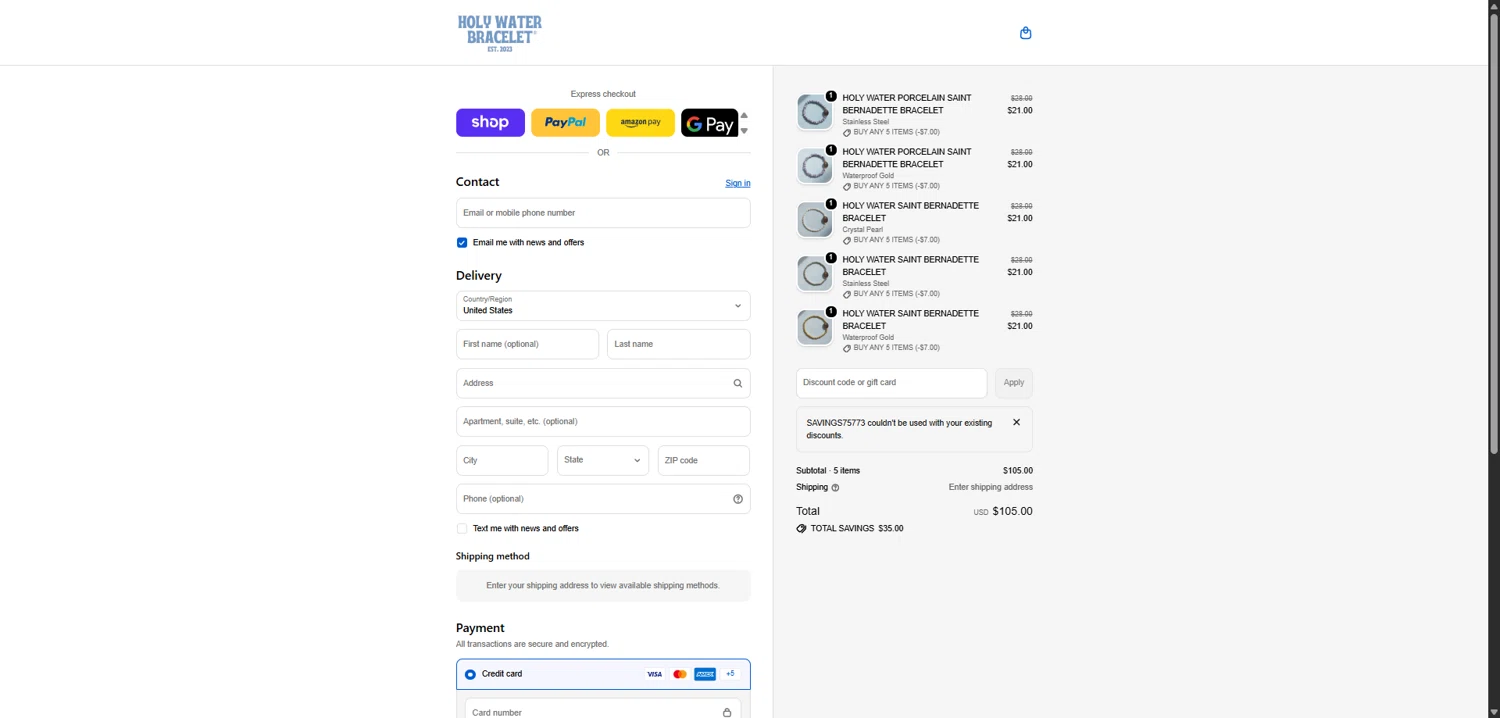 Holy Water Bracelet coupon code screenshot showing code SAVINGS75773 applied at Holy Water Bracelet checkout page. Uploaded by SimplyCodes community member CodeAce1208 on Feb 13, 2026