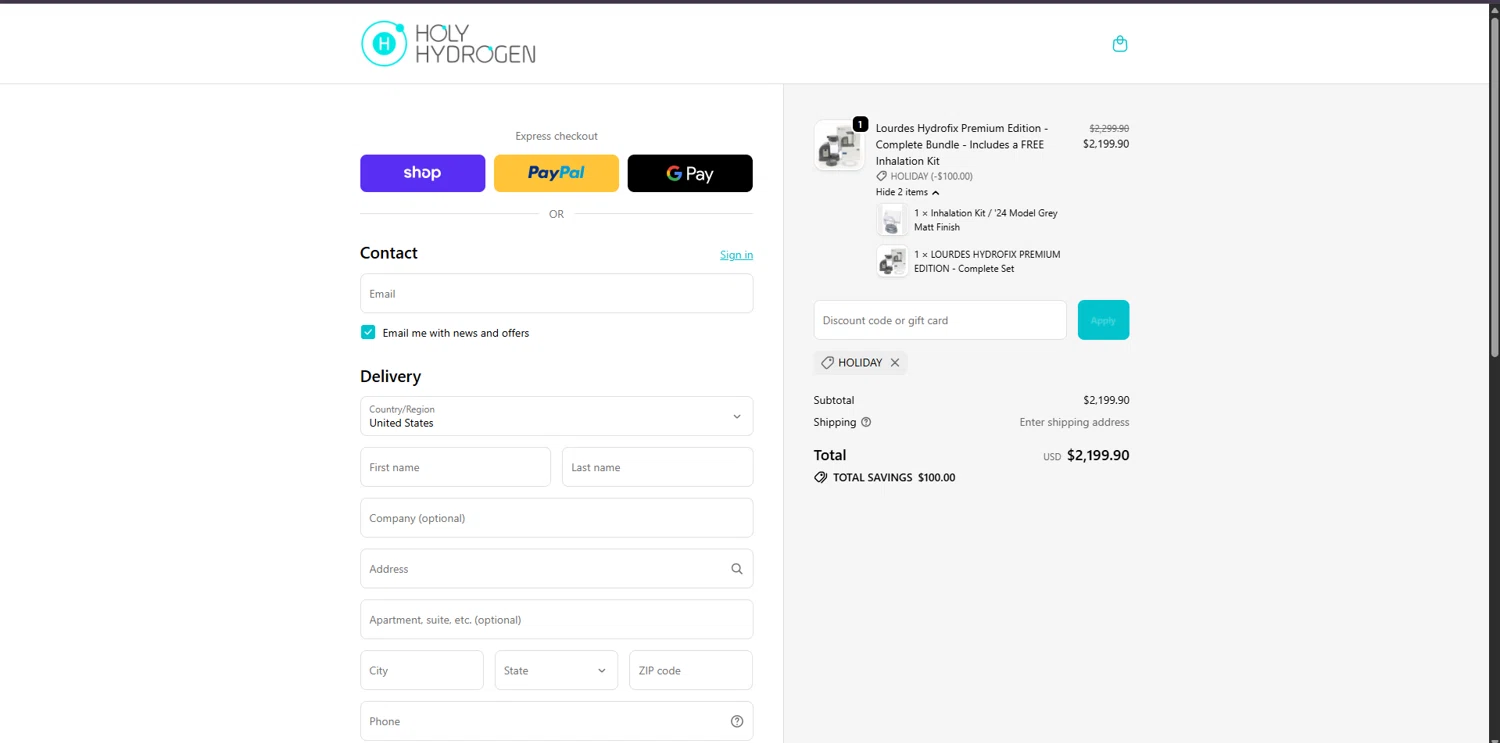 Holy Hydrogen promo code screenshot showing code HOLIDAY applied at Holy Hydrogen checkout page. Uploaded by SimplyCodes community member Carlosramirez09 on Jan 2, 2026