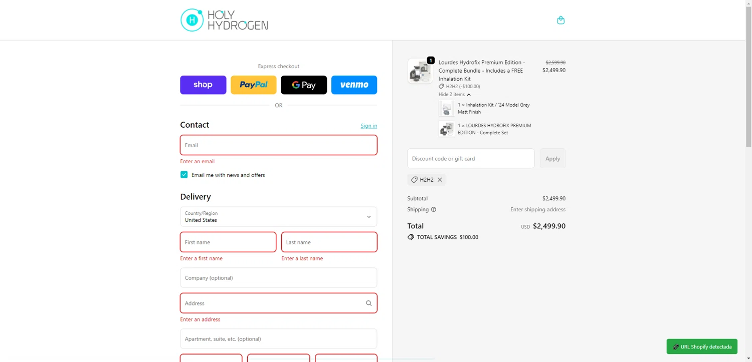 Holy Hydrogen promo code screenshot showing code H2H2 applied at Holy Hydrogen checkout page. Uploaded by SimplyCodes community member ValiantAce1810 on Jan 23, 2026