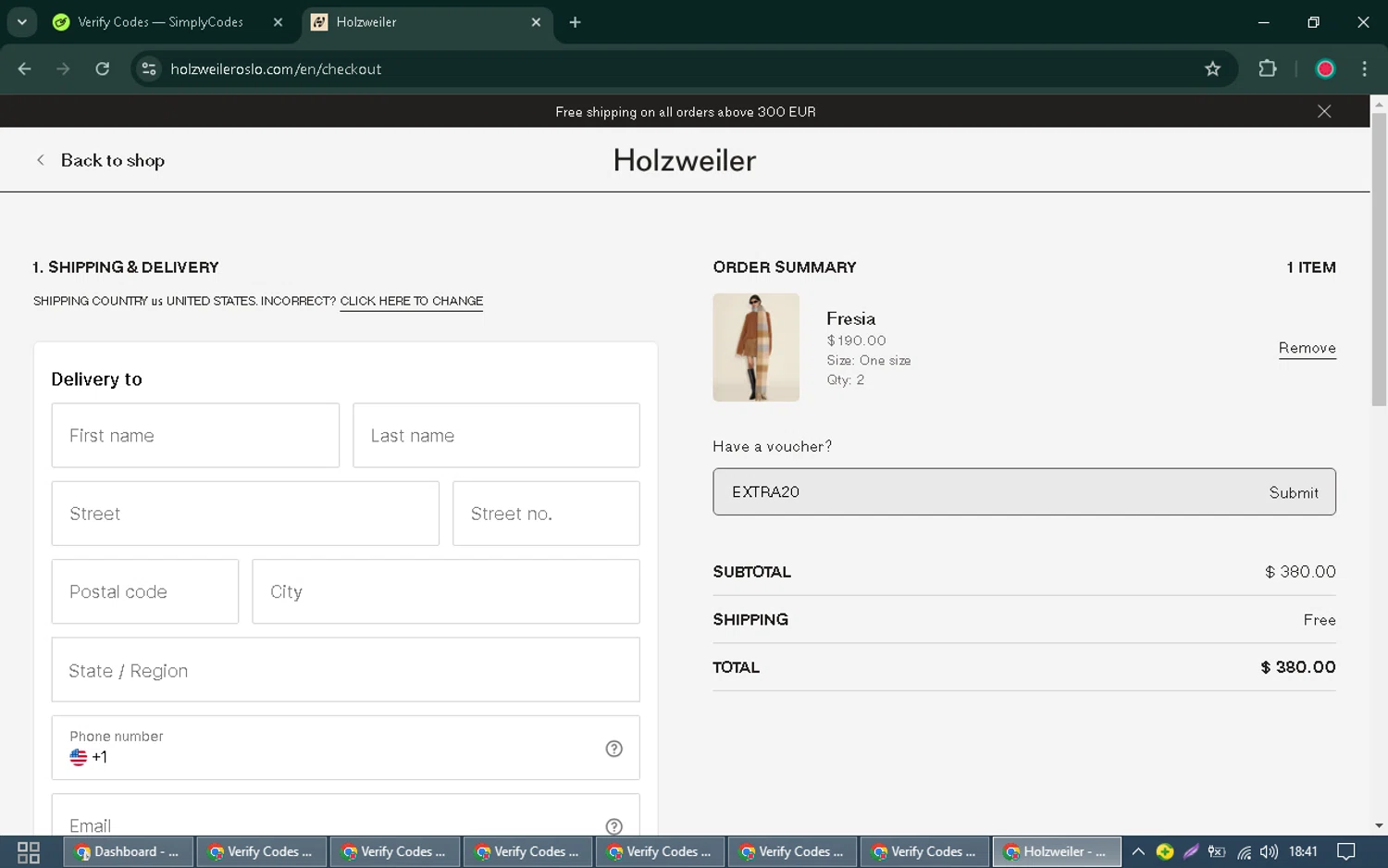 Holzweiler discount code screenshot showing code EXTRA20 applied at Holzweiler checkout page. Uploaded by SimplyCodes community member QuestEagle5920 on Dec 27, 2024