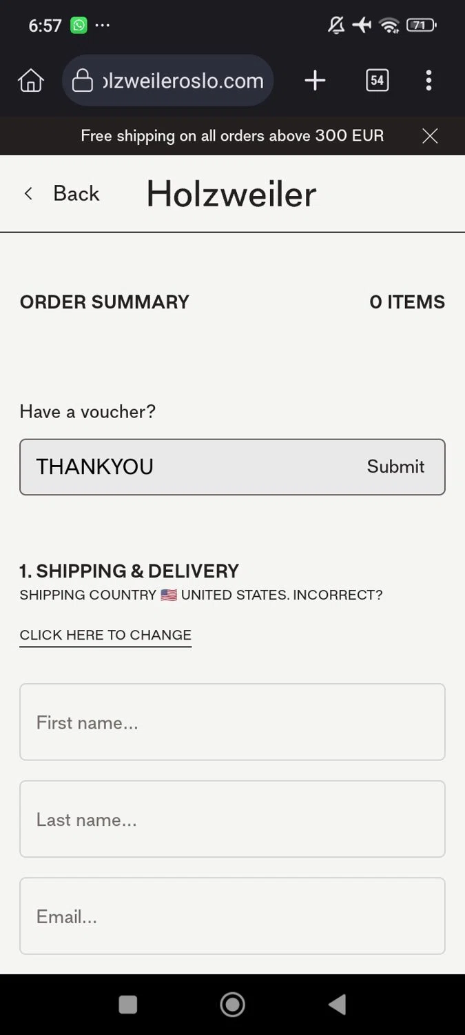 Holzweiler checkout page showing Holzweiler discount code box | Screenshot taken by SimplyCodes community member on Dec 27, 2024