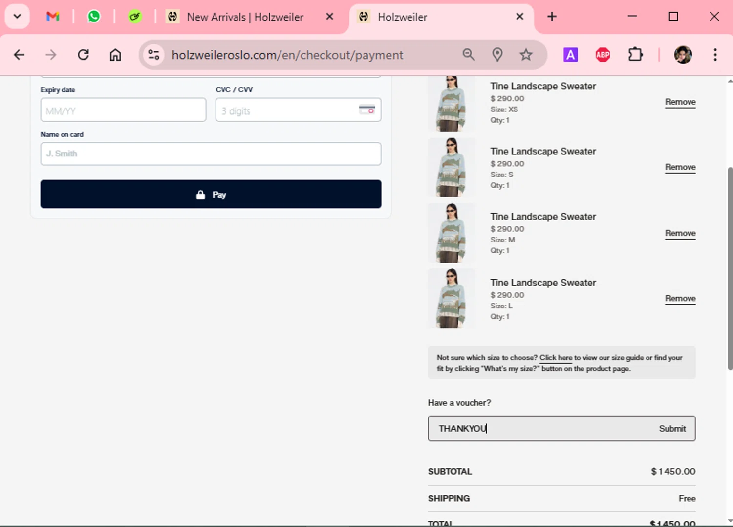 Holzweiler discount code screenshot showing code THANKYOU applied at Holzweiler checkout page. Uploaded by SimplyCodes community member Scarleth_2GGD on Mar 19, 2025