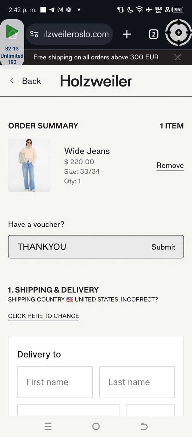 Holzweiler discount code screenshot showing code THANKYOU applied at Holzweiler checkout page. Uploaded by SimplyCodes community member ValueSage7369 on Mar 19, 2025