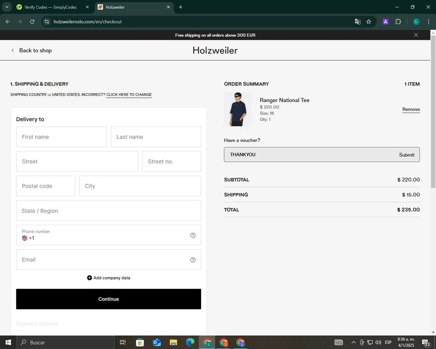 Holzweiler checkout page showing Holzweiler discount code box | Screenshot taken by SimplyCodes community member on Jan 4, 2025