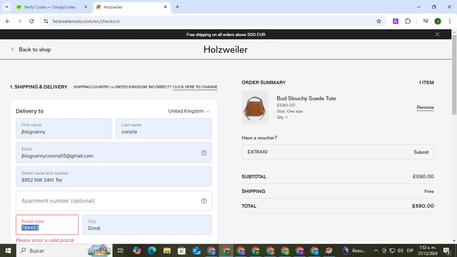 Holzweiler discount code screenshot showing code EXTRA10 applied at Holzweiler checkout page. Uploaded by SimplyCodes community member CleverSeeker3529 on Dec 27, 2024