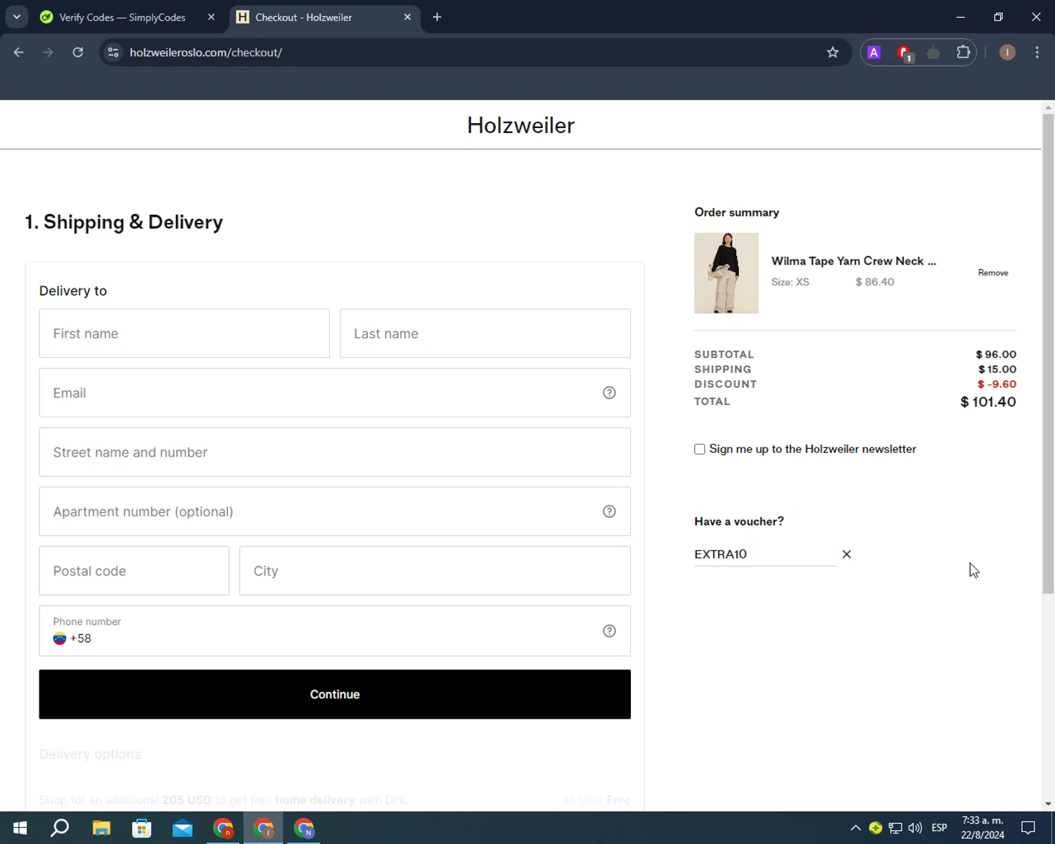 Holzweiler checkout page showing Holzweiler discount code box | Screenshot taken by SimplyCodes community member on Aug 22, 2024