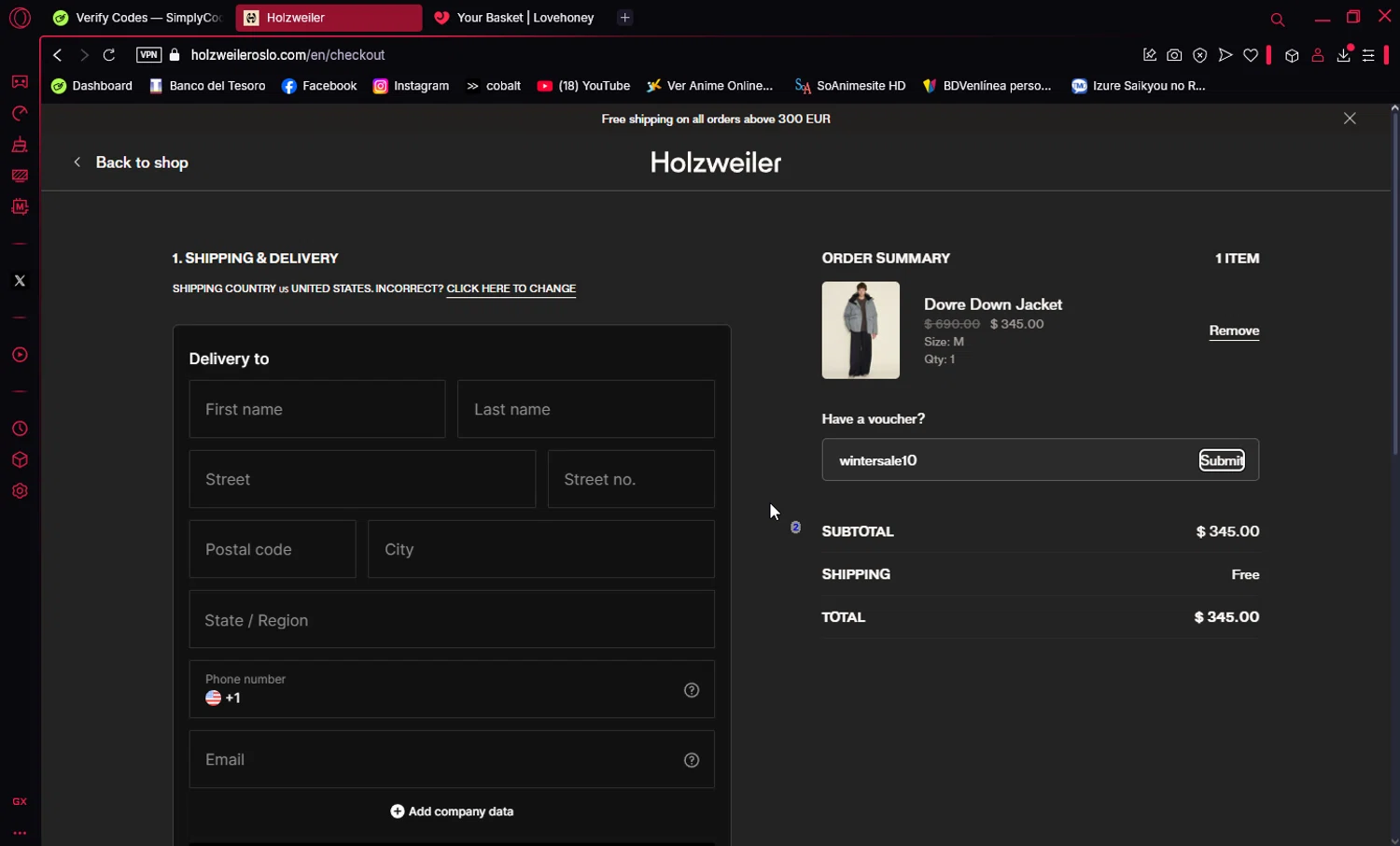 Holzweiler discount code screenshot showing code wintersale10 applied at Holzweiler checkout page. Uploaded by SimplyCodes community member Ema007 on Mar 15, 2025