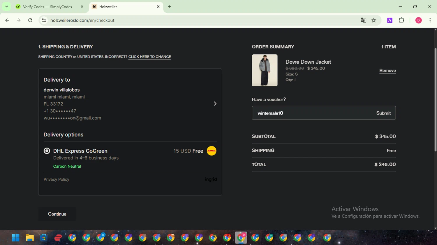 Holzweiler discount code screenshot showing code wintersale10 applied at Holzweiler checkout page. Uploaded by SimplyCodes community member WiseAdmiral7334 on Mar 15, 2025