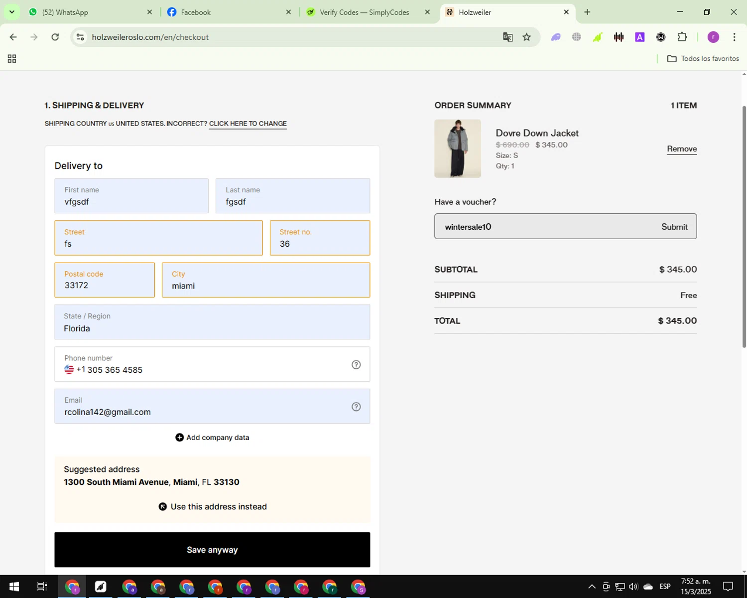 Holzweiler discount code screenshot showing code wintersale10 applied at Holzweiler checkout page. Uploaded by SimplyCodes community member ashe1986 on Mar 15, 2025