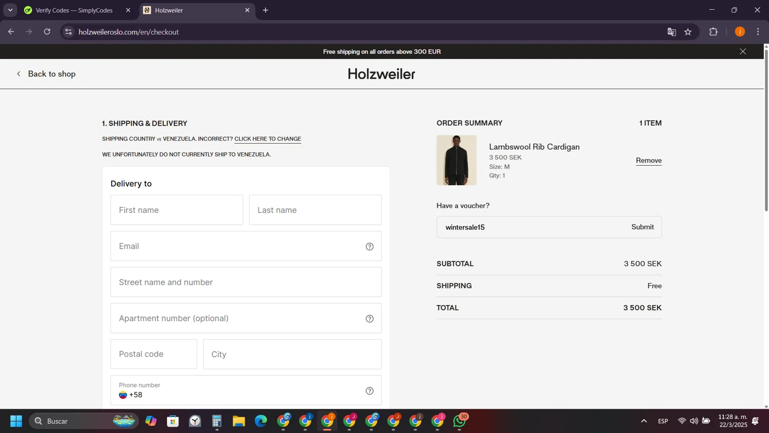 Holzweiler discount code screenshot showing code wintersale15 applied at Holzweiler checkout page. Uploaded by SimplyCodes community member SilverSentinel5952 on Mar 22, 2025