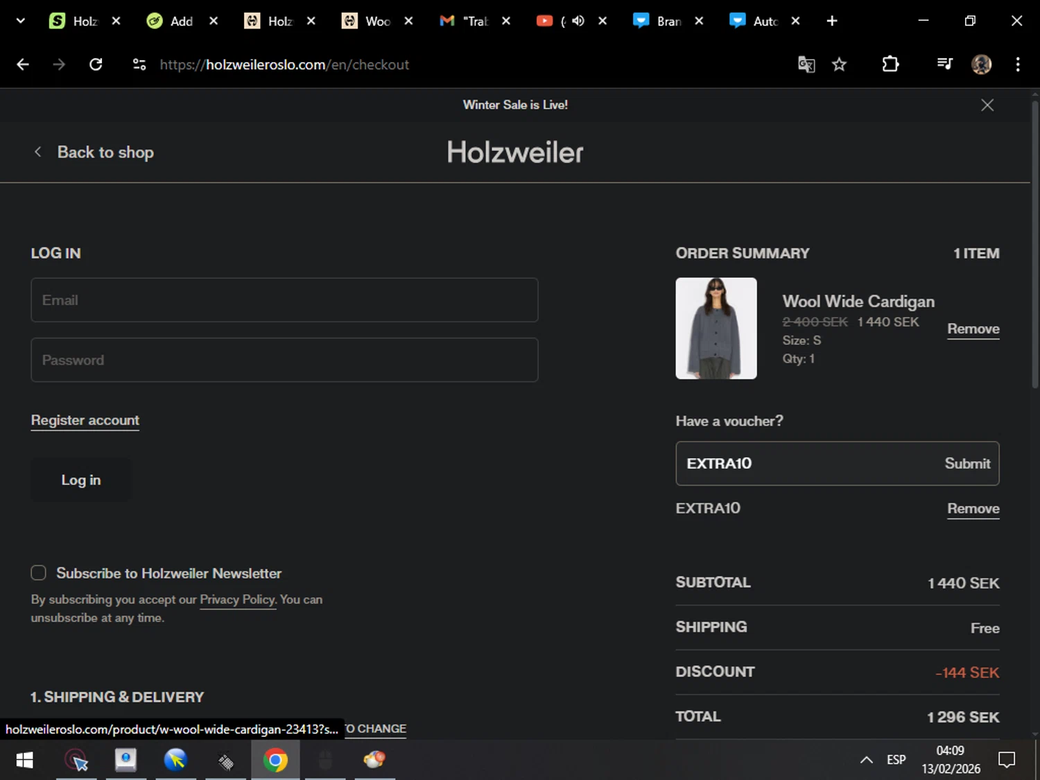 Holzweiler discount code screenshot showing code EXTRA10 applied at Holzweiler checkout page. Uploaded by SimplyCodes community member MarcosAranguren on Feb 13, 2026