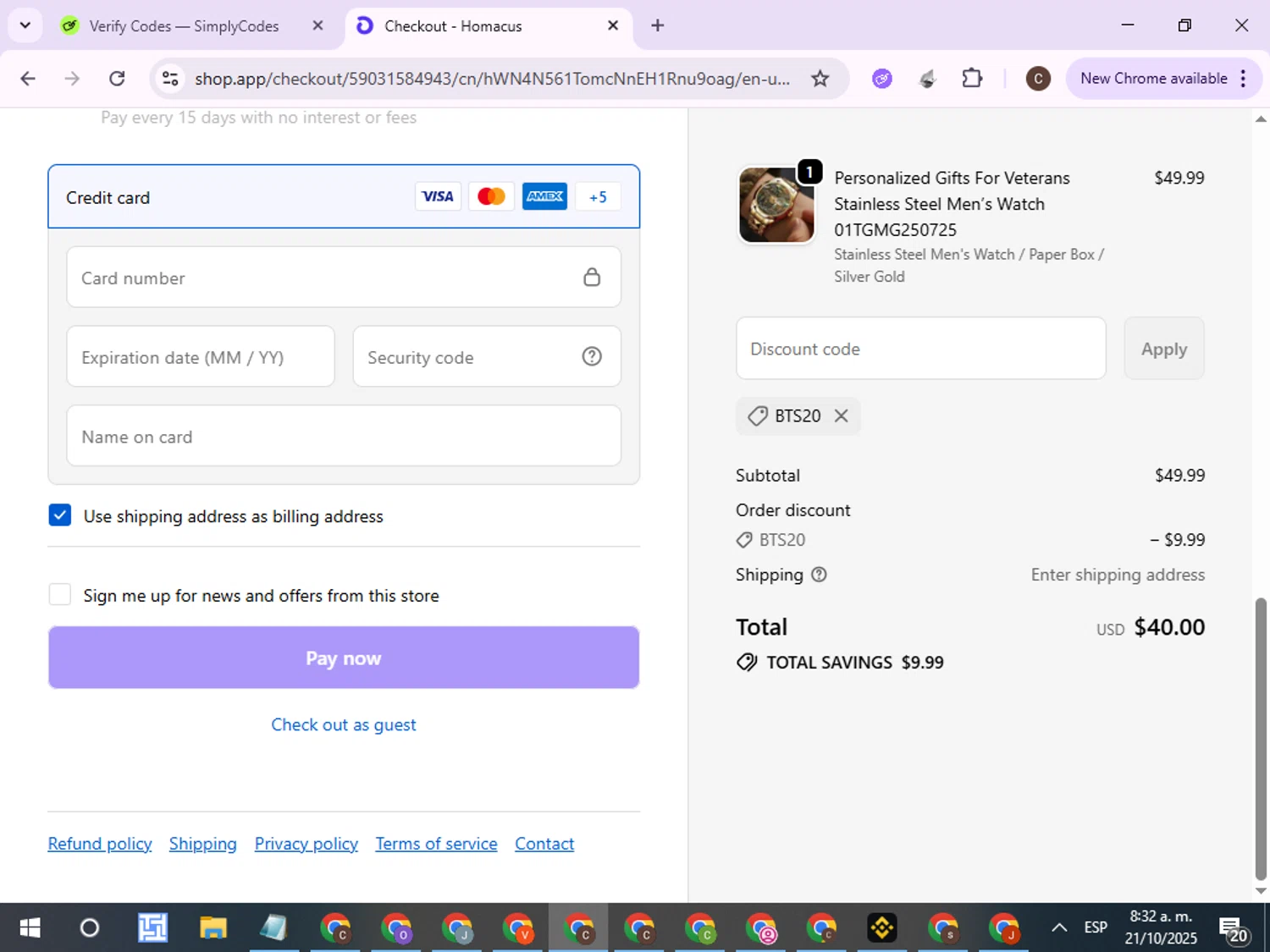 Homacus discount code screenshot showing code BTS20 applied at Homacus checkout page. Uploaded by SimplyCodes community member ExtraordinaryPro8536 on Oct 21, 2025