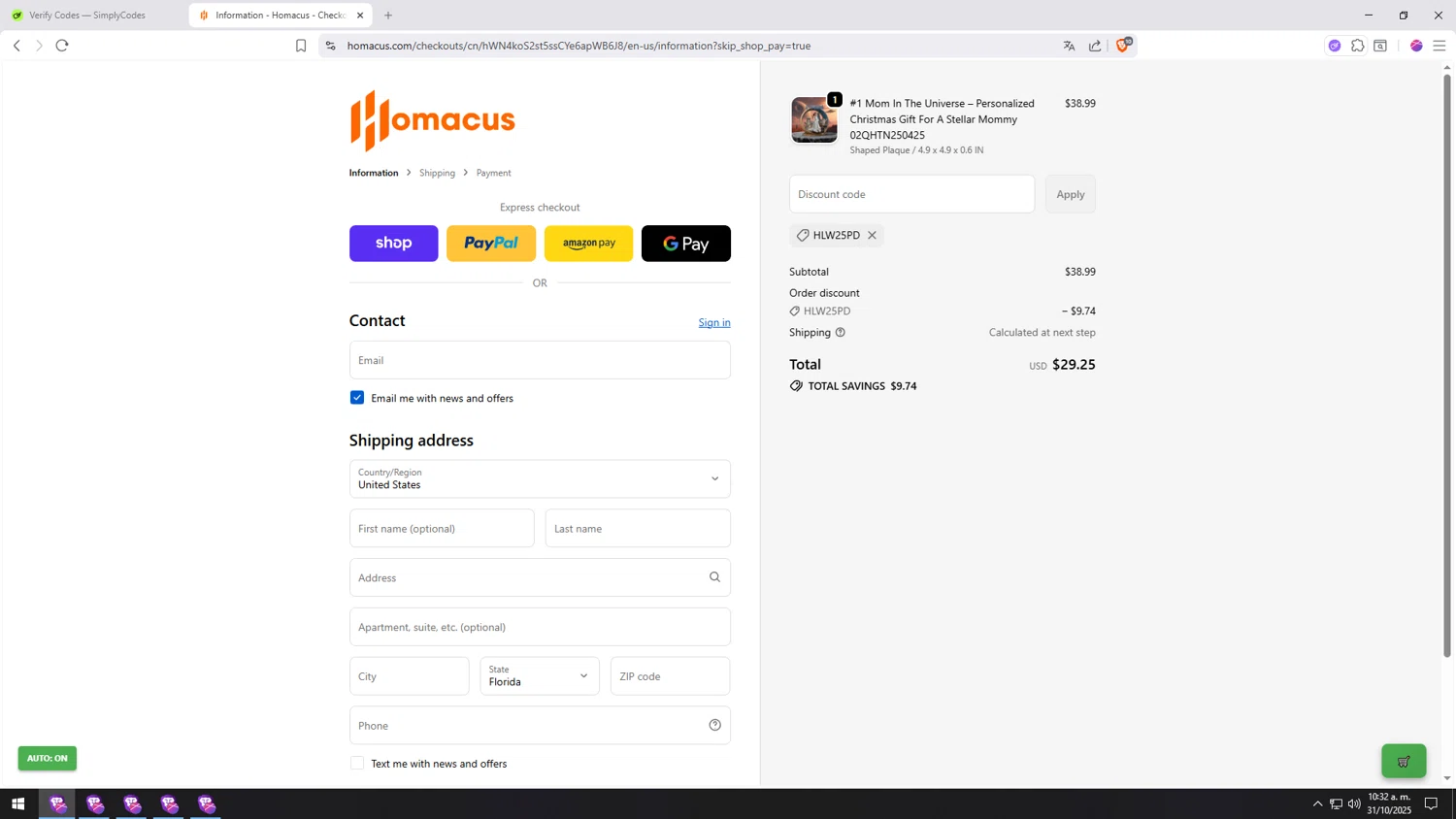 Homacus discount code screenshot showing code HLW25PD applied at Homacus checkout page. Uploaded by SimplyCodes community member HUMANIZER on Oct 31, 2025