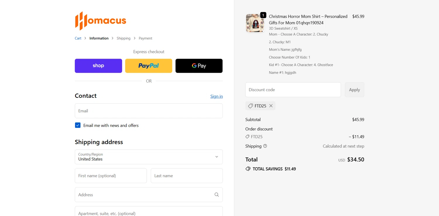 Homacus discount code screenshot showing code FTD25 applied at Homacus checkout page. Uploaded by SimplyCodes community member Dorothy on Sep 18, 2025