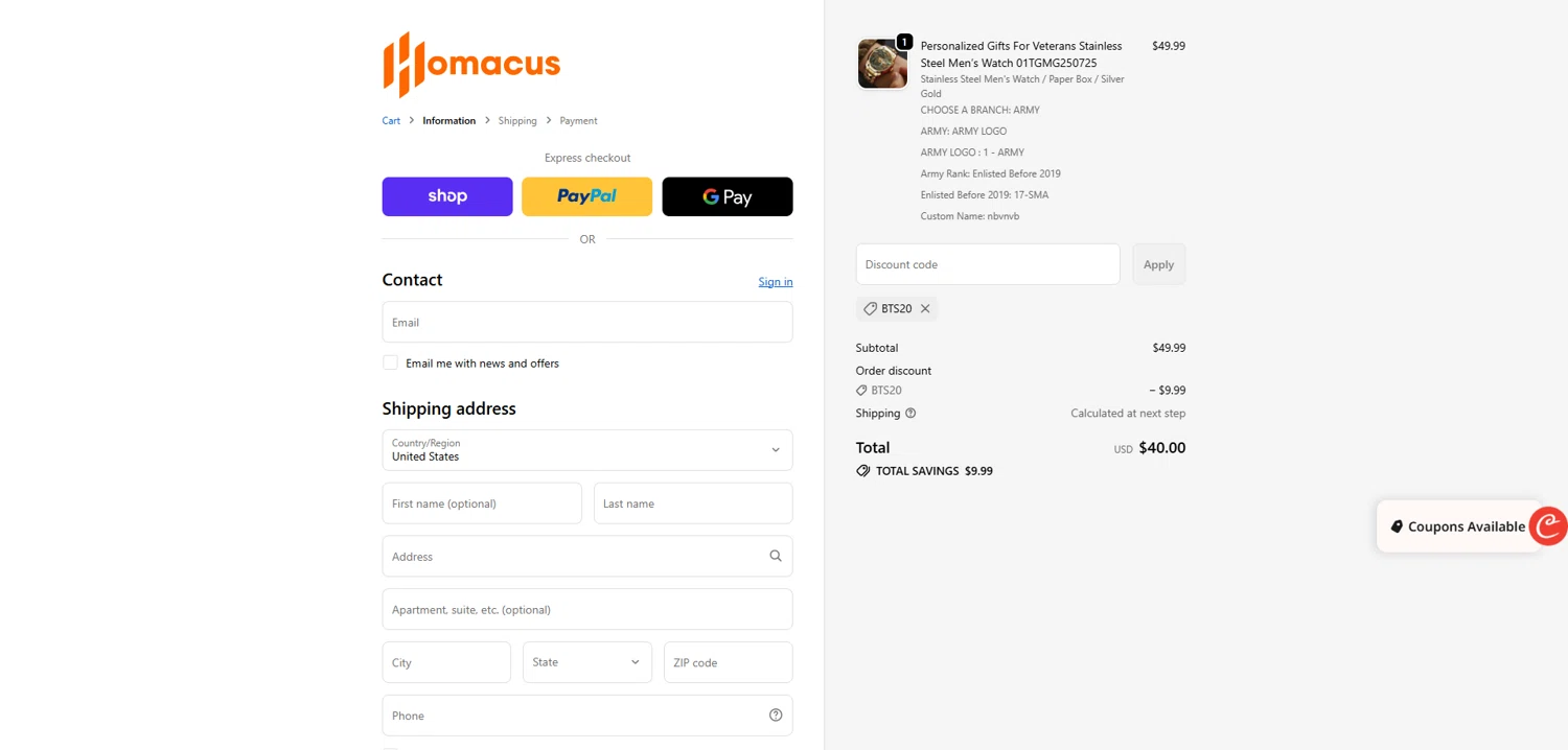 Homacus discount code screenshot showing code BTS20 applied at Homacus checkout page. Uploaded by SimplyCodes community member Dorothy on Oct 21, 2025