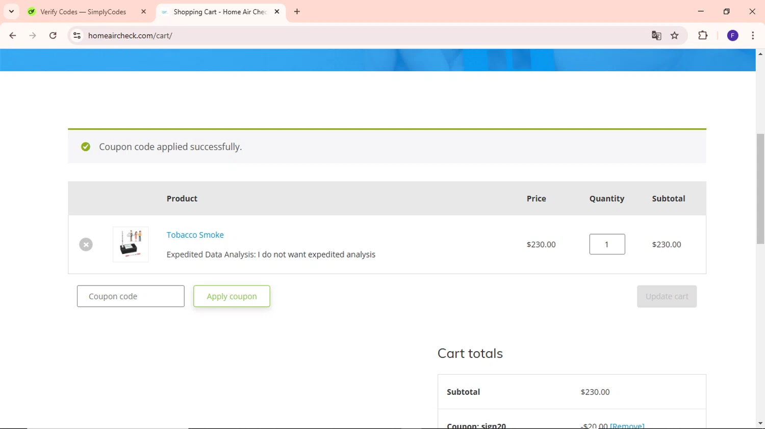 Home Air Check promo code screenshot showing code sign20 applied at Home Air Check checkout page. Uploaded by SimplyCodes community member MightyCaptain635 on Mar 26, 2025