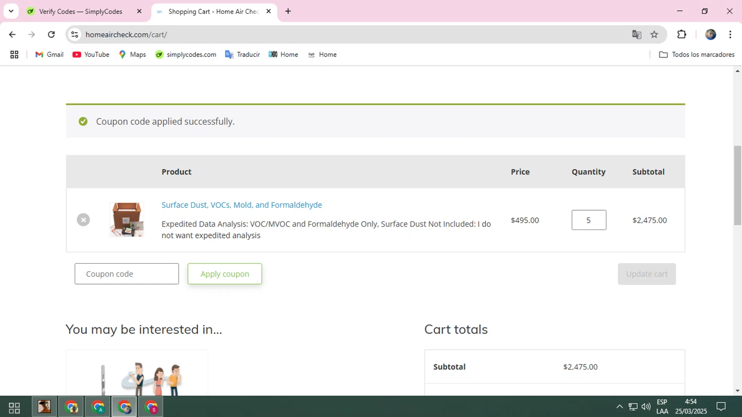 Home Air Check promo code screenshot showing code CLEANAIR applied at Home Air Check checkout page. Uploaded by SimplyCodes community member BRBRBR on Mar 25, 2025