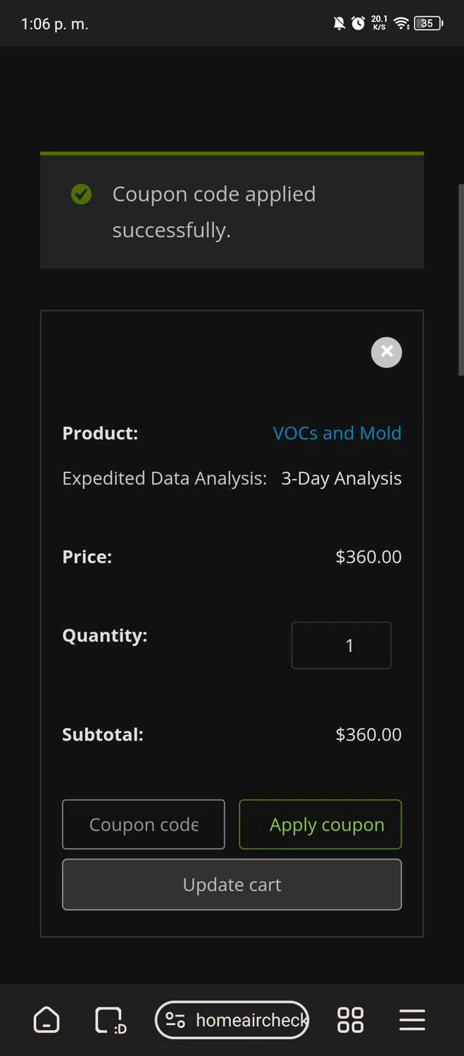 Home Air Check promo code screenshot showing code CLEANAIR applied at Home Air Check checkout page. Uploaded by SimplyCodes community member usermariee on Feb 7, 2025
