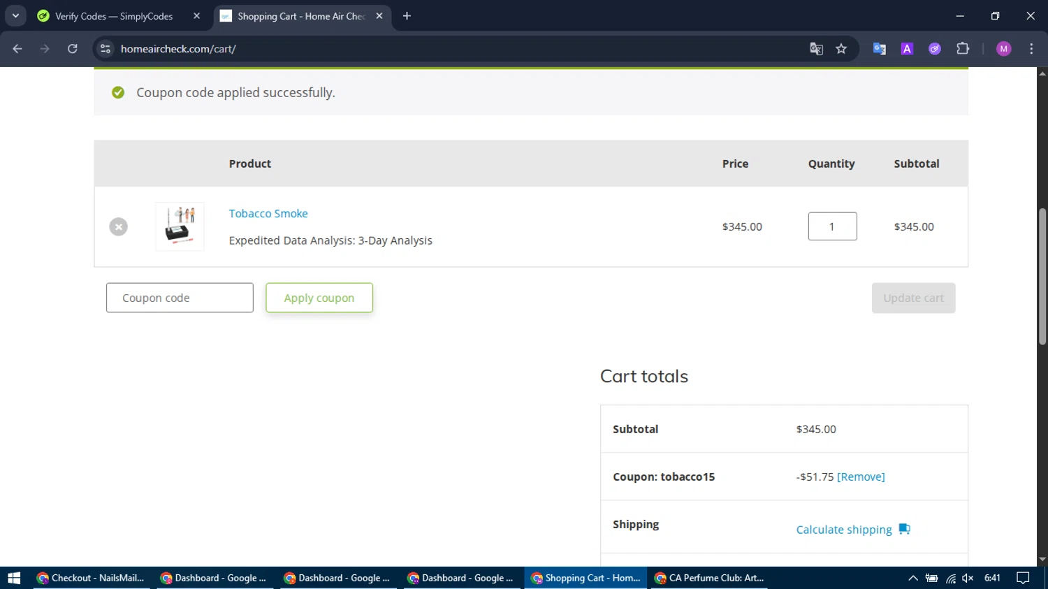 Home Air Check promo code screenshot showing code TOBACCO15 applied at Home Air Check checkout page. Uploaded by SimplyCodes community member MightyTracker1549 on Aug 6, 2025