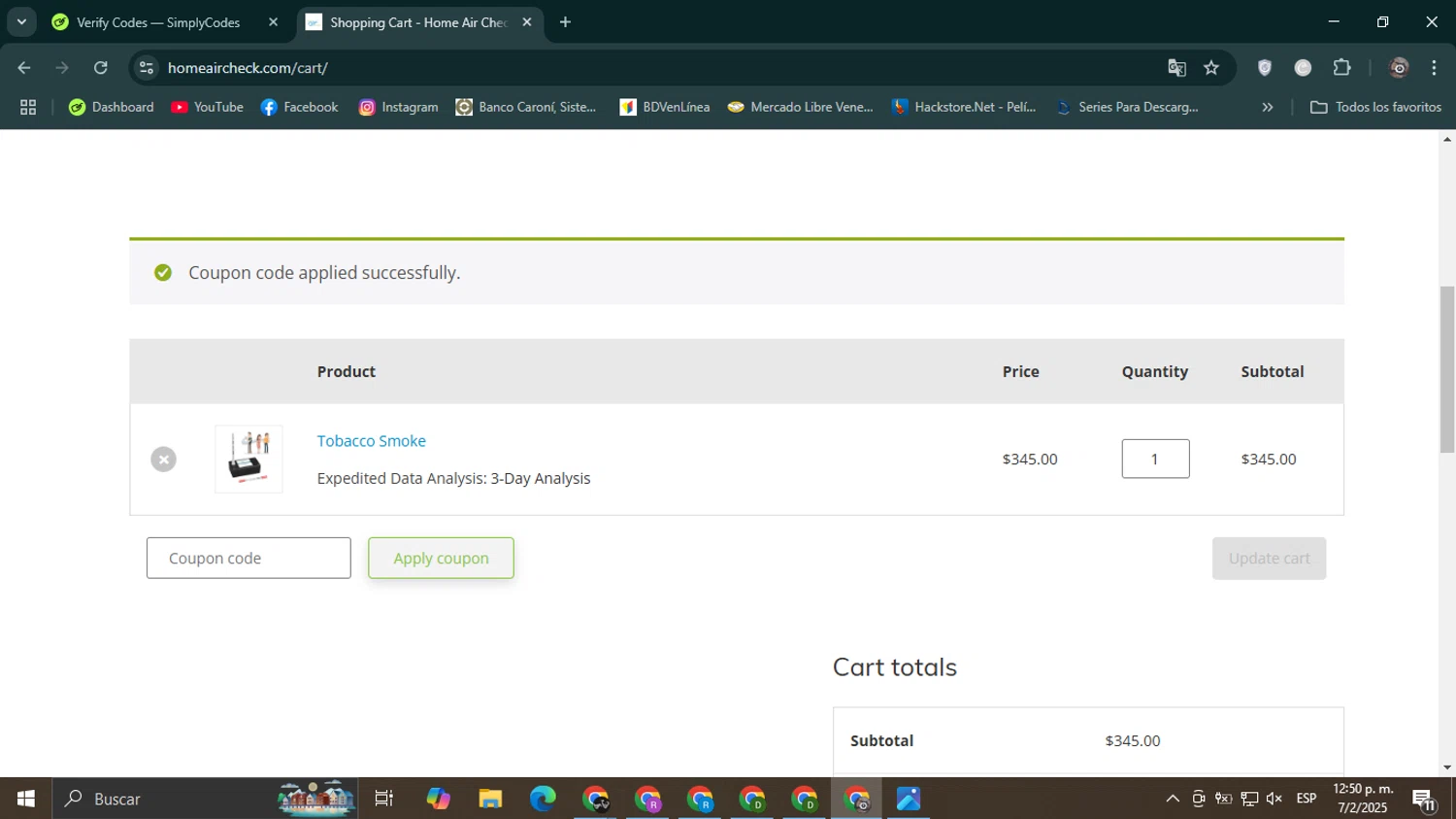 Home Air Check promo code screenshot showing code TOBACCO15 applied at Home Air Check checkout page. Uploaded by SimplyCodes community member Mroctober06 on Feb 7, 2025