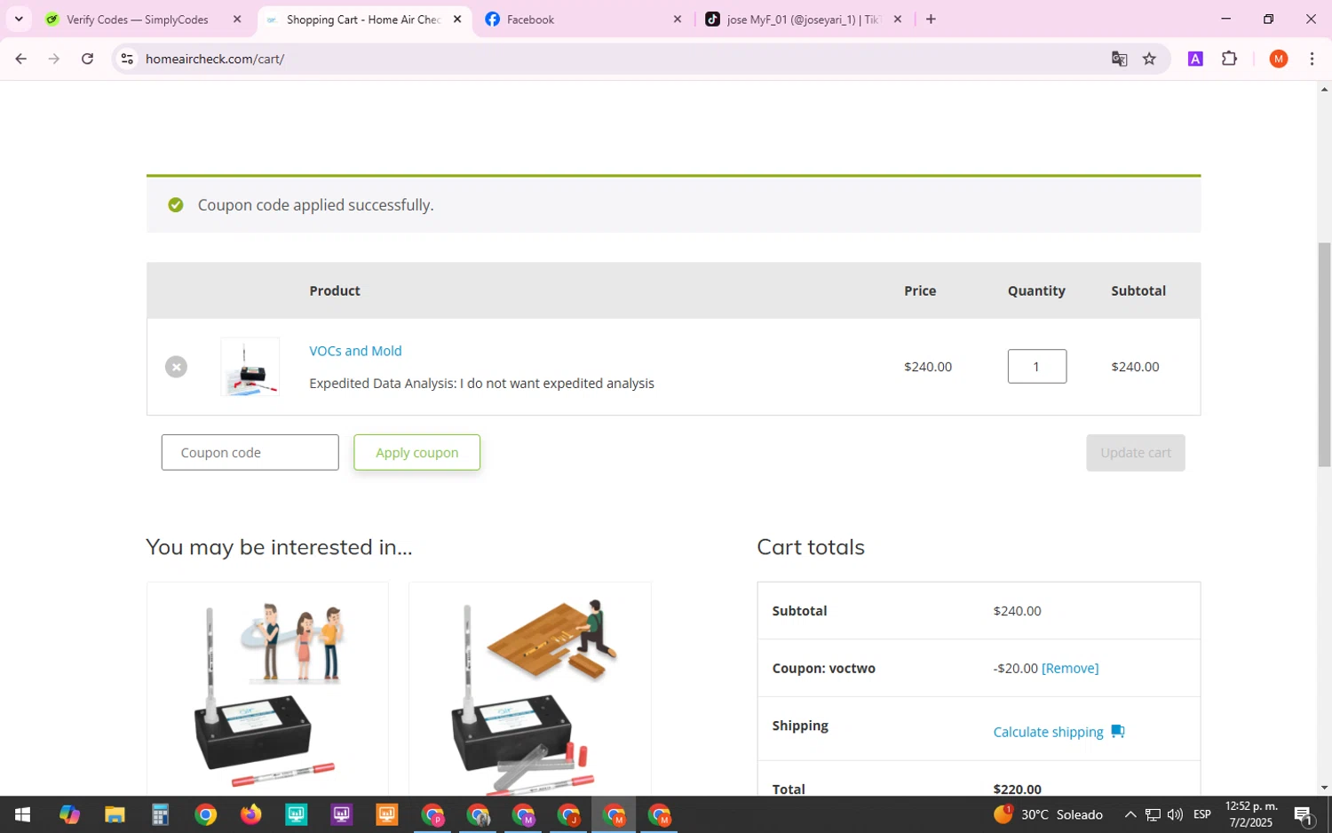 Home Air Check promo code screenshot showing code VOCTWO applied at Home Air Check checkout page. Uploaded by SimplyCodes community member TreasureTracker4321 on Feb 7, 2025