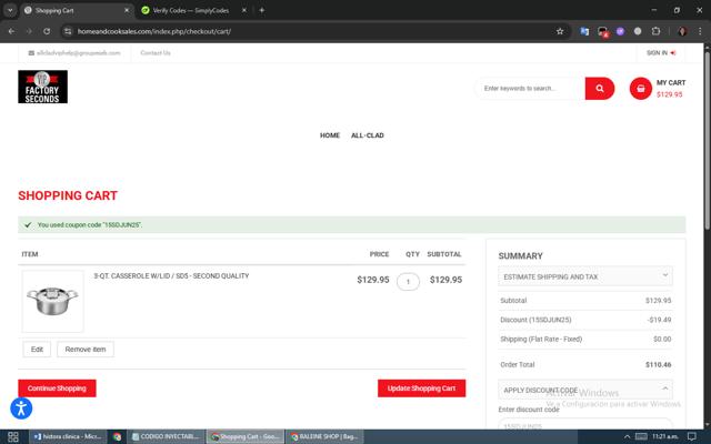Home and Cook Outlet checkout page showing Home and Cook Outlet promo code box | Screenshot taken by SimplyCodes community member on Jul 8, 2025