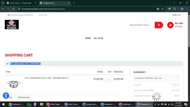 Home and Cook Outlet checkout page showing Home and Cook Outlet promo code box | Screenshot taken by SimplyCodes community member on Jul 11, 2025