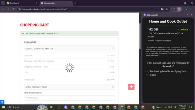 Home and Cook Outlet checkout page showing Home and Cook Outlet promo code box | Screenshot taken by SimplyCodes community member on Jul 11, 2025
