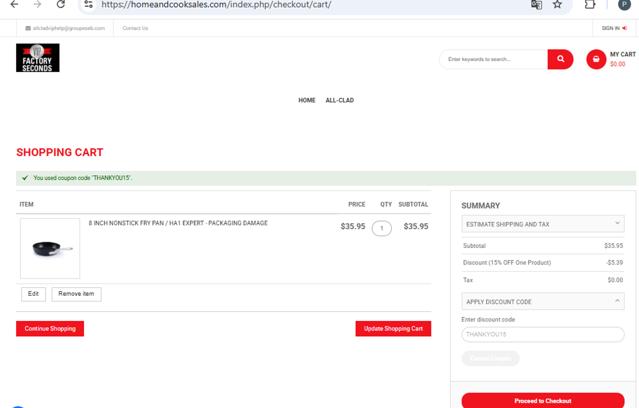 Home and Cook Outlet checkout page showing Home and Cook Outlet promo code box | Screenshot taken by SimplyCodes community member on Jul 8, 2025