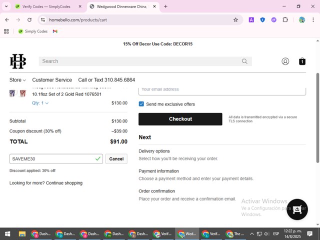 HomeBello checkout page showing HomeBello promo code box | Screenshot taken by SimplyCodes community member on Aug 14, 2025