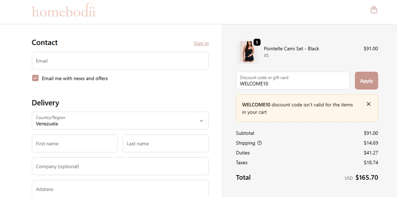 Homebodii promo code screenshot showing code WELCOME10 applied at Homebodii checkout page. Uploaded by SimplyCodes community member Garengod on Oct 14, 2025