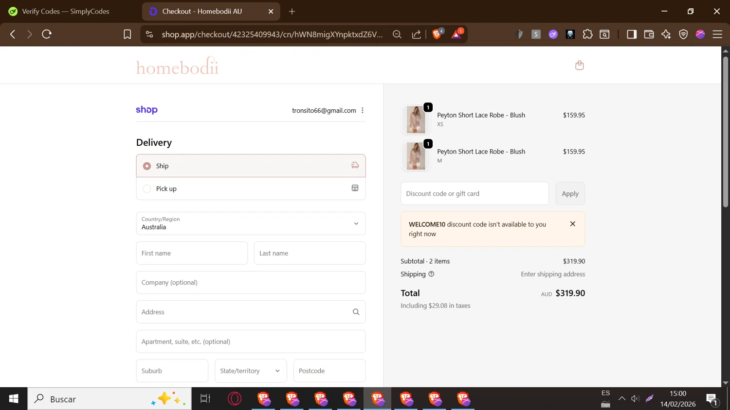 Homebodii checkout page showing Homebodii promo code box | Screenshot taken by SimplyCodes community member on Feb 14, 2026