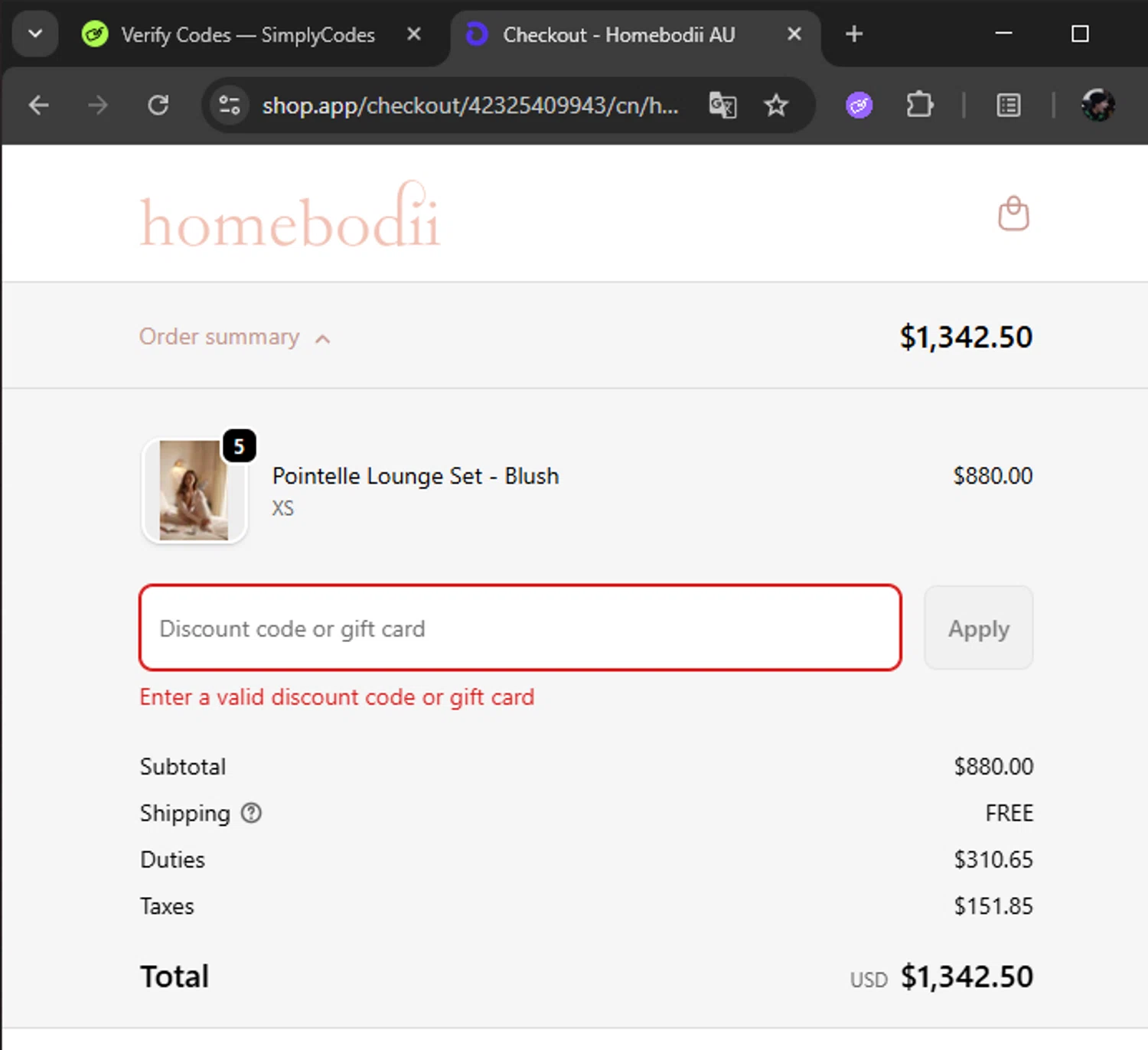 Homebodii promo code screenshot showing code HOMELOVE25 applied at Homebodii checkout page. Uploaded by SimplyCodes community member cuticula on Nov 4, 2025