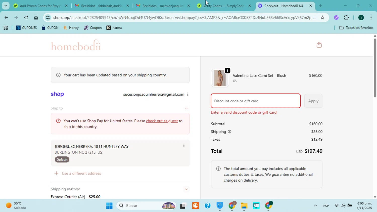Homebodii promo code screenshot showing code HOMELOVE25 applied at Homebodii checkout page. Uploaded by SimplyCodes community member jorgejavierherrera on Nov 4, 2025