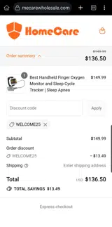 WELCOME25 coupon verification screenshot