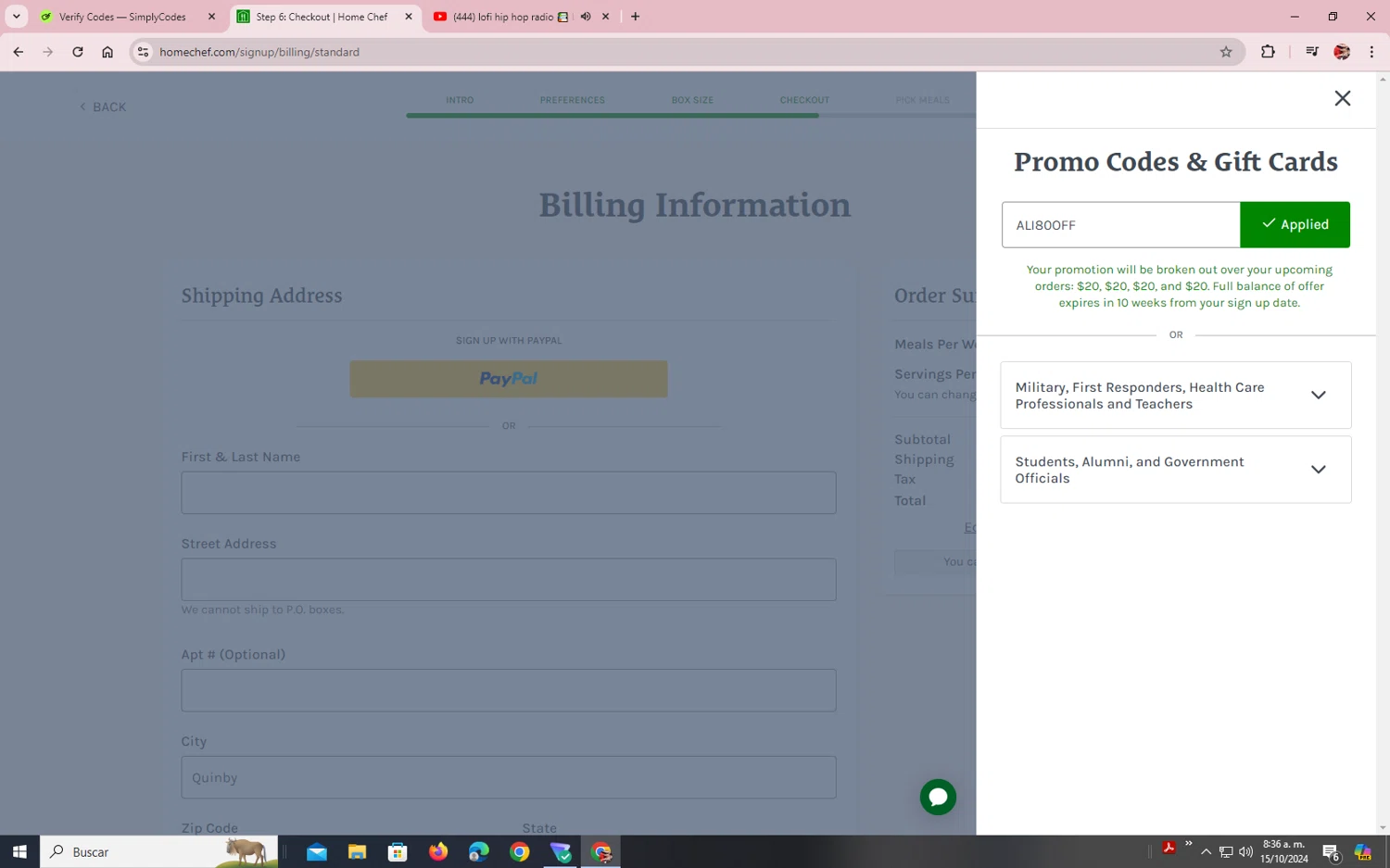 where to use Home Chef promo code box