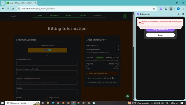 Home Chef checkout page showing Home Chef promo code box | Screenshot taken by SimplyCodes community member on Aug 22, 2025