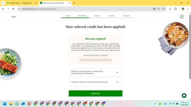 Home Chef checkout page showing Home Chef promo code box | Screenshot taken by SimplyCodes community member on Aug 22, 2025