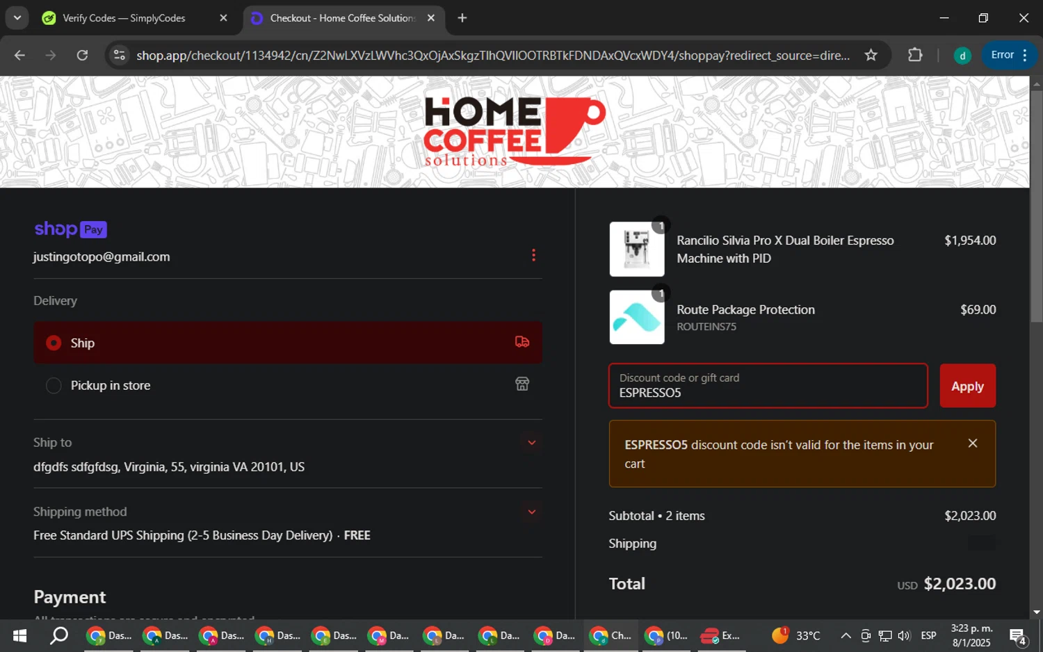 Home Coffee Solutions discount code screenshot showing code ESPRESSO5 applied at Home Coffee Solutions checkout page. Uploaded by SimplyCodes community member HEROESCUDA on Jan 8, 2025