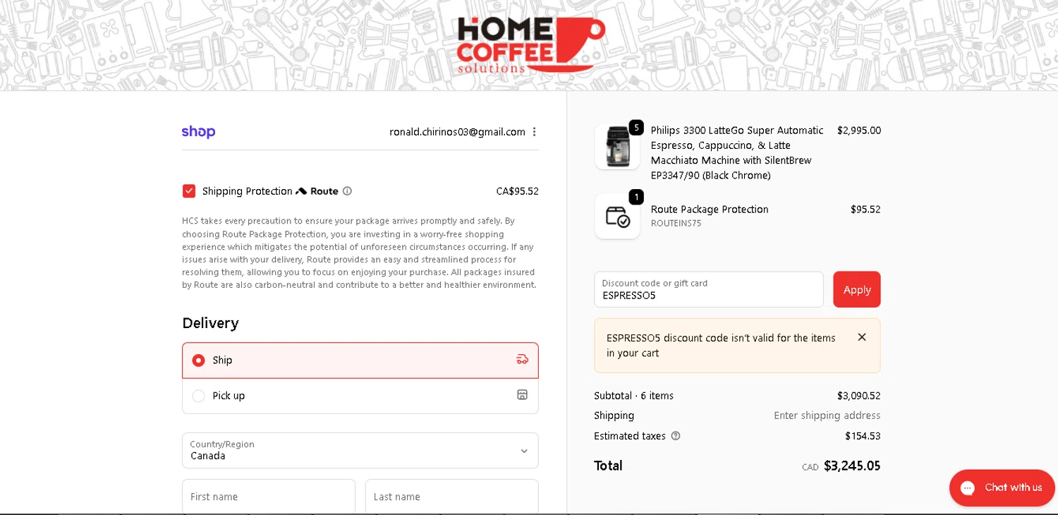 Home Coffee Solutions discount code screenshot showing code ESPRESSO5 applied at Home Coffee Solutions checkout page. Uploaded by SimplyCodes community member alpha007 on Nov 28, 2025